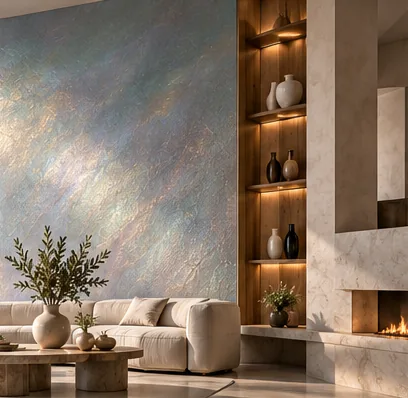 Salon au mur irisé, canapé clair, niches éclairées et cheminée en pierre claire