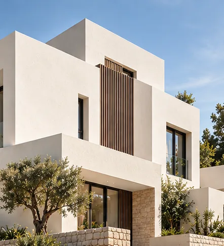 Villa contemporaine blanche aux volumes superposés et claustra en bois