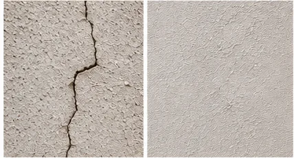 Avant / après : mur marqué d'une fissure à gauche, surface reprise et régulière à droite.