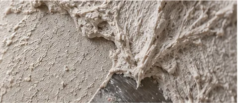 Gros plan d'une matière blanche fibrée étalée sur un mur.