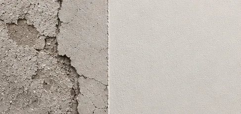 Mur abîmé et écaillé à gauche, surface régulière et claire à droite.