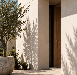 Entrée de villa aux murs clairs et réguliers, porte en bois et olivier en pot au soleil.