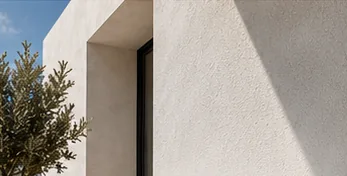 Angle de façade blanche au soleil, fenêtre encadrée et olivier.
