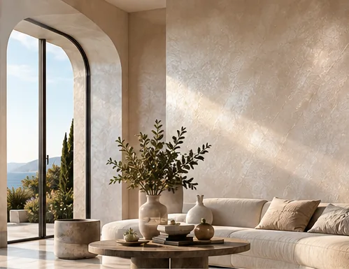 Salon ouvert sur la mer, mur NACÉLUNE ivoire champagne aux reflets perlés