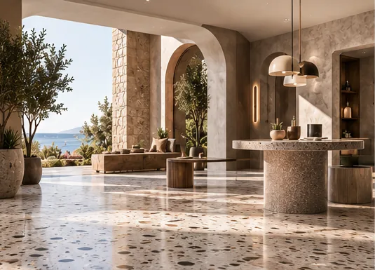 Hall lumineux ouvert sur la mer, surfaces à éclats de pierre ivoire et brun, arches et tables rondes