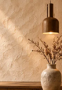 Mur décoratif sable éclairé par une suspension en bois, vase de branches sèches sur une console.
