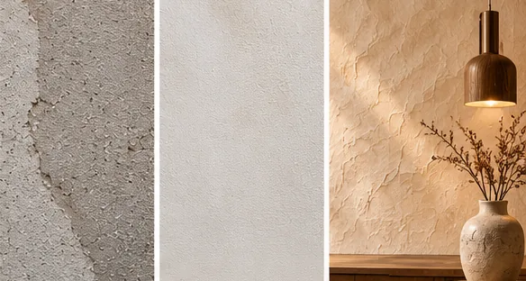 Trois états d'un mur intérieur : support brut gris, fond clair et uniforme, puis décor chaud éclairé par une suspension.
