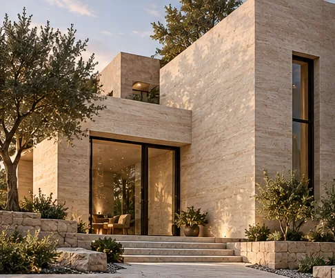 Villa contemporaine aux volumes d'aspect travertin clair, oliviers et escalier de pierre au soleil couchant
