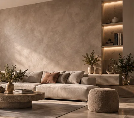 Salon au mur taupe velouté, canapé clair, coussins terracotta et niches éclairées