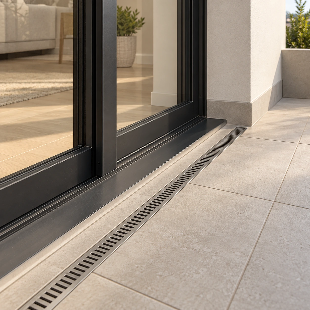 Seuil de baie vitrée, carrelage extérieur et caniveau linéaire.