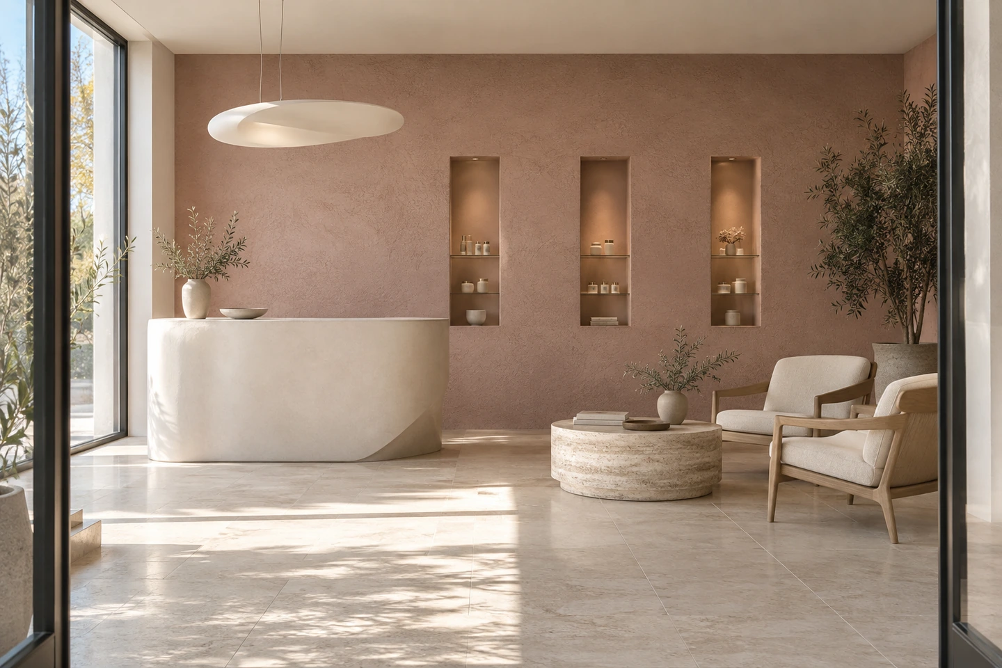 Accueil d'institut, mur SABELORA rose sablé à trois niches éclairées, comptoir courbe et fauteuils en chêne