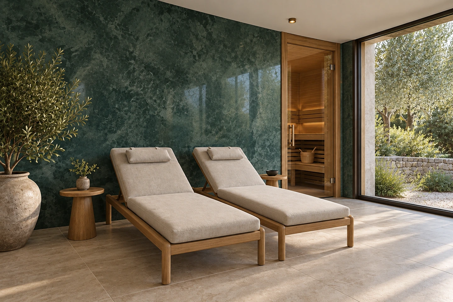 Sauna, salon de repos jade — autre angle.