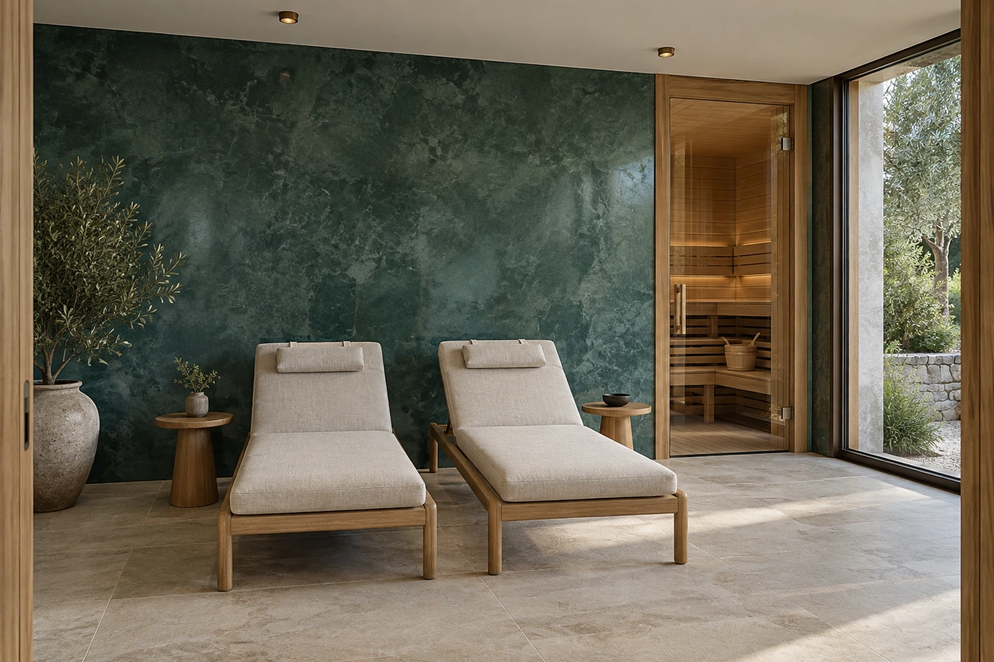 Sauna, salon de repos jade — vue d’ensemble.