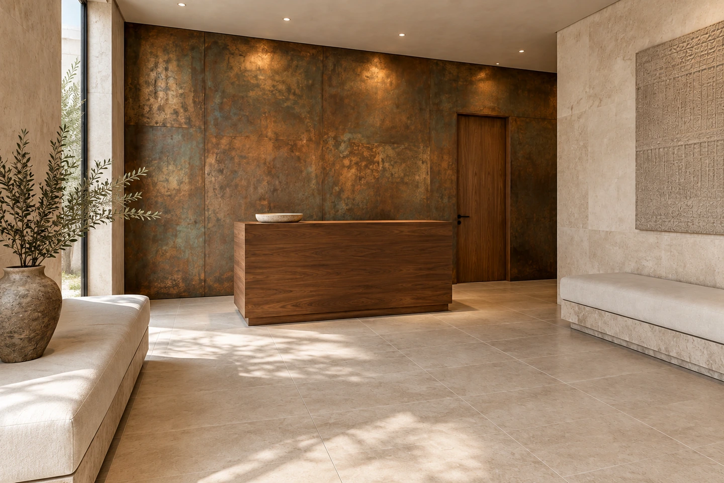 Hammam, accueil cuivré et pierre claire — autre angle.