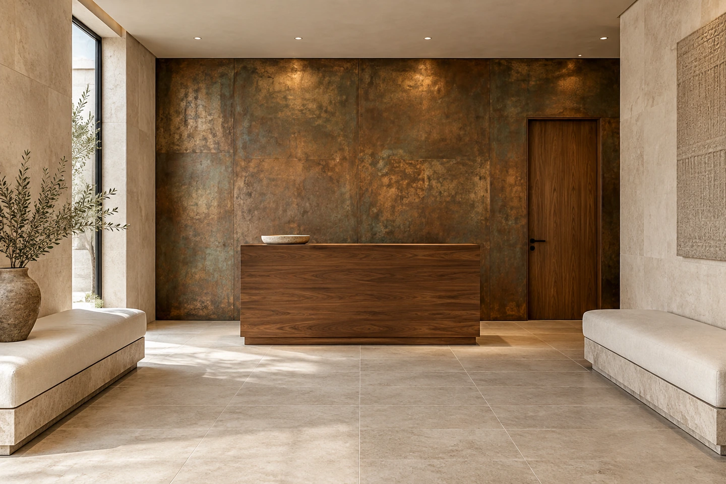 Hammam, accueil cuivré et pierre claire — vue d’ensemble.