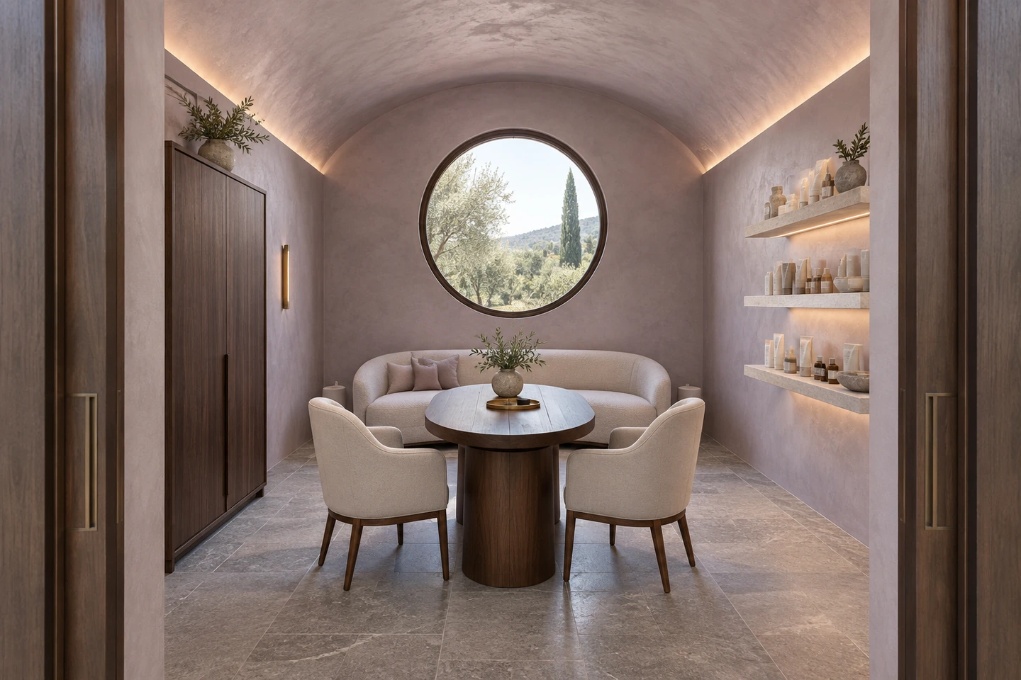 Cabinet de consultation sous voûte NACÉLUNE mauve rosé, table ronde en noyer et fenêtre ronde