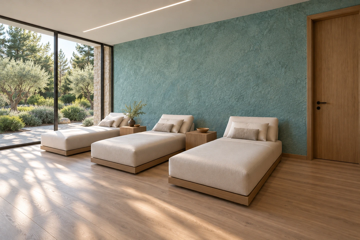 Sauna, repos turquoise face au jardin — autre angle.
