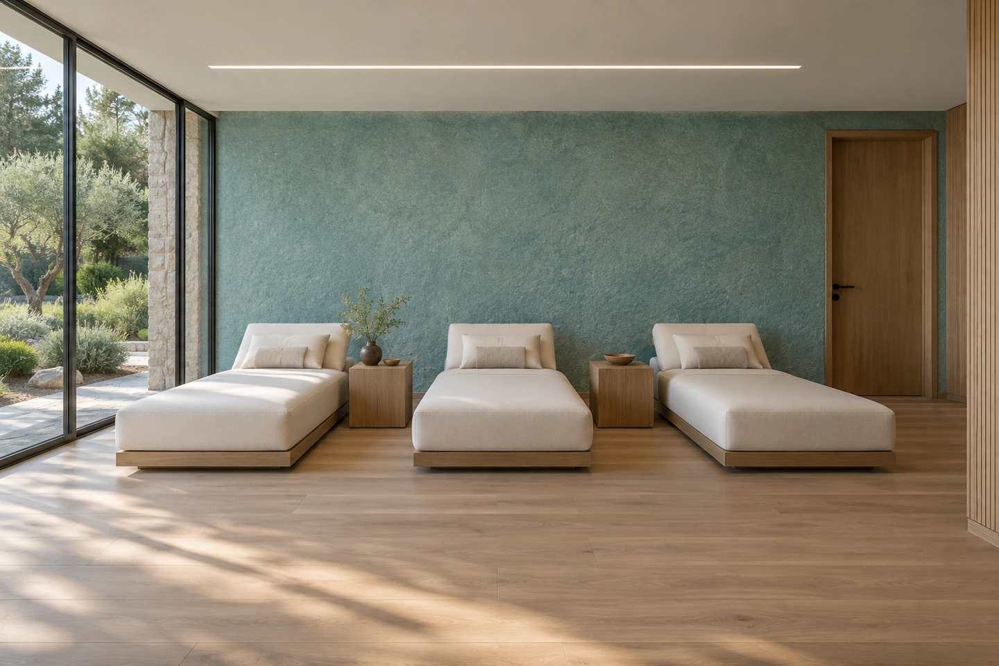 Salle de repos, mur SABELORA turquoise derrière trois méridiennes écrues, parquet de chêne et jardin d'oliviers