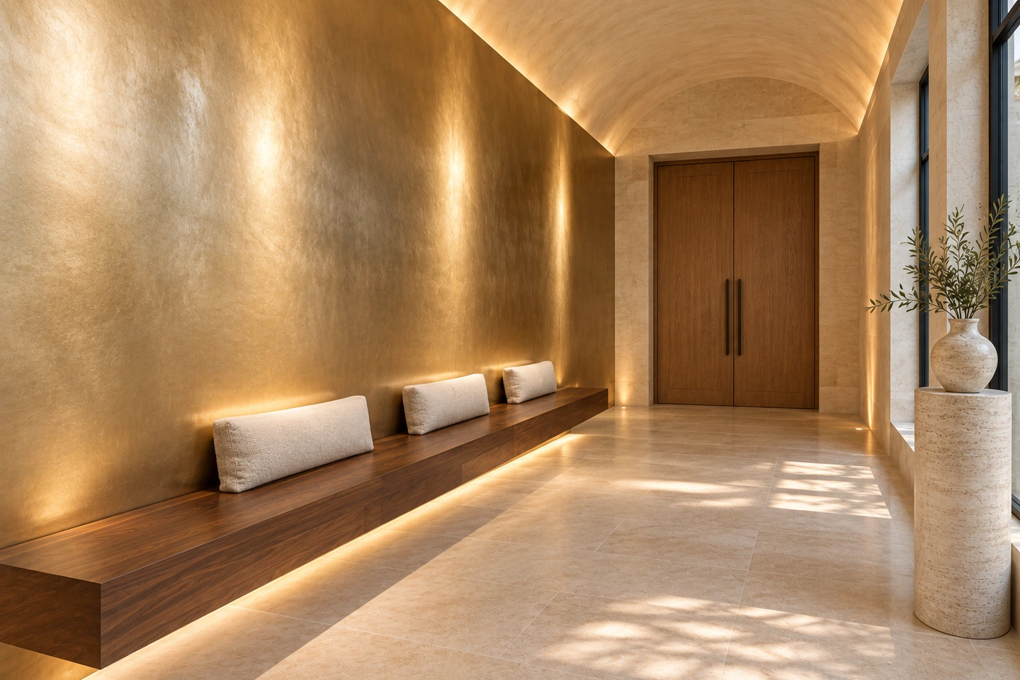 Couloir d'accueil vu de biais : reflets FERRÉLYS LIGHT champagne doré le long d'une banquette en noyer