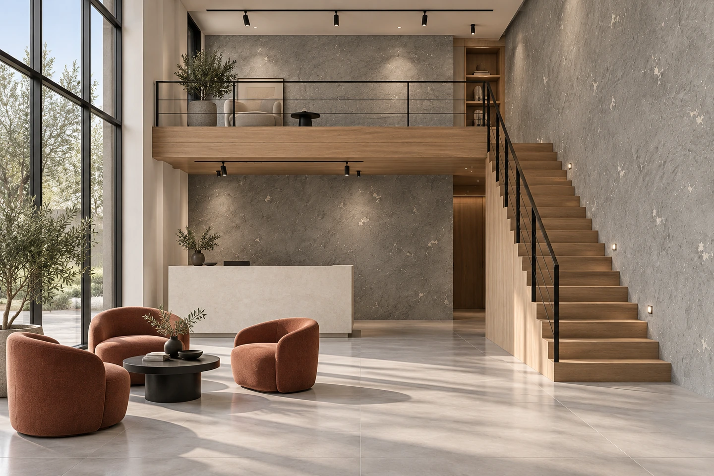 Hall à mezzanine aux murs MOSAËLYS gris minéral à éclats clairs, fauteuils terracotta et escalier en chêne