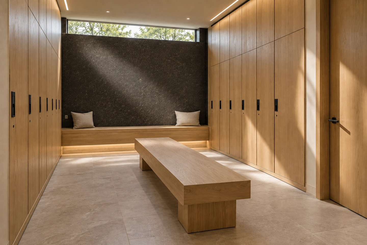 Vestiaire vu de biais, mur FERRÉLYS graphite pailleté au-dessus d'une banquette en chêne