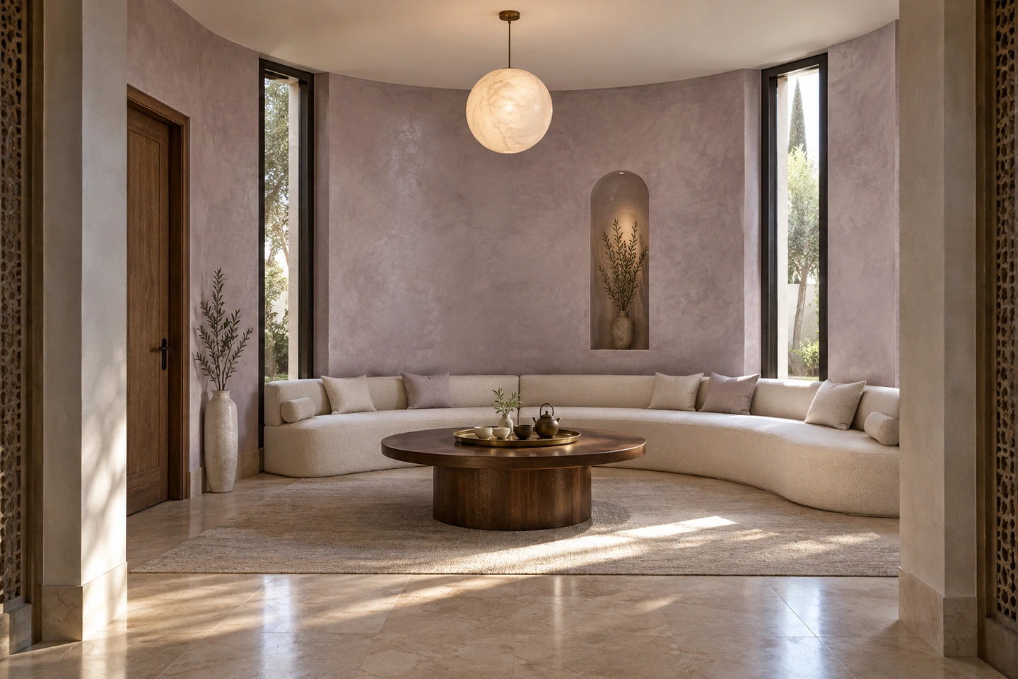 Salon de thé arrondi, murs STUCCORIA lilas poli, canapé courbe crème et table basse en bois