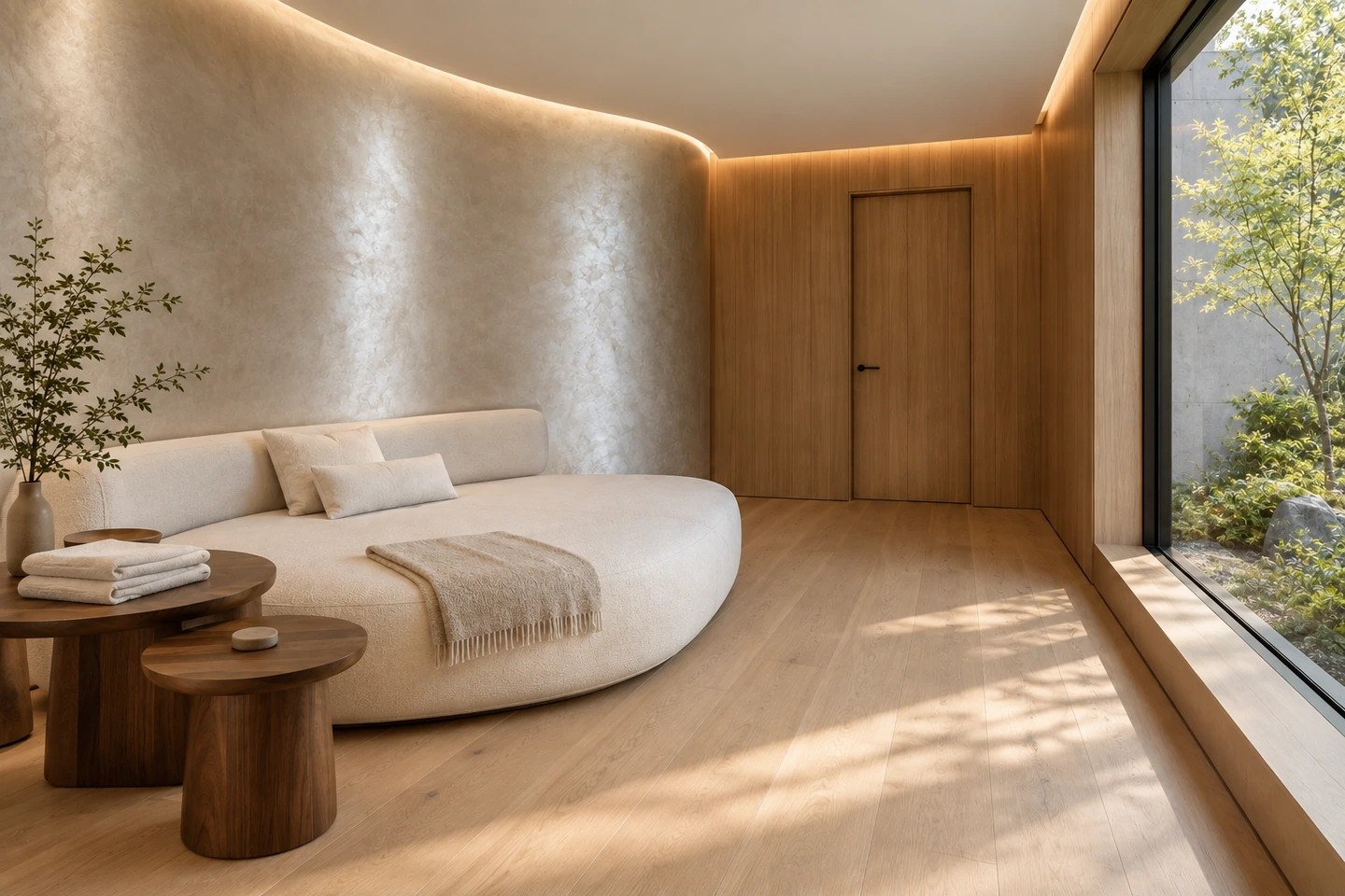 Sauna, alcôve de repos nacrée — autre angle.