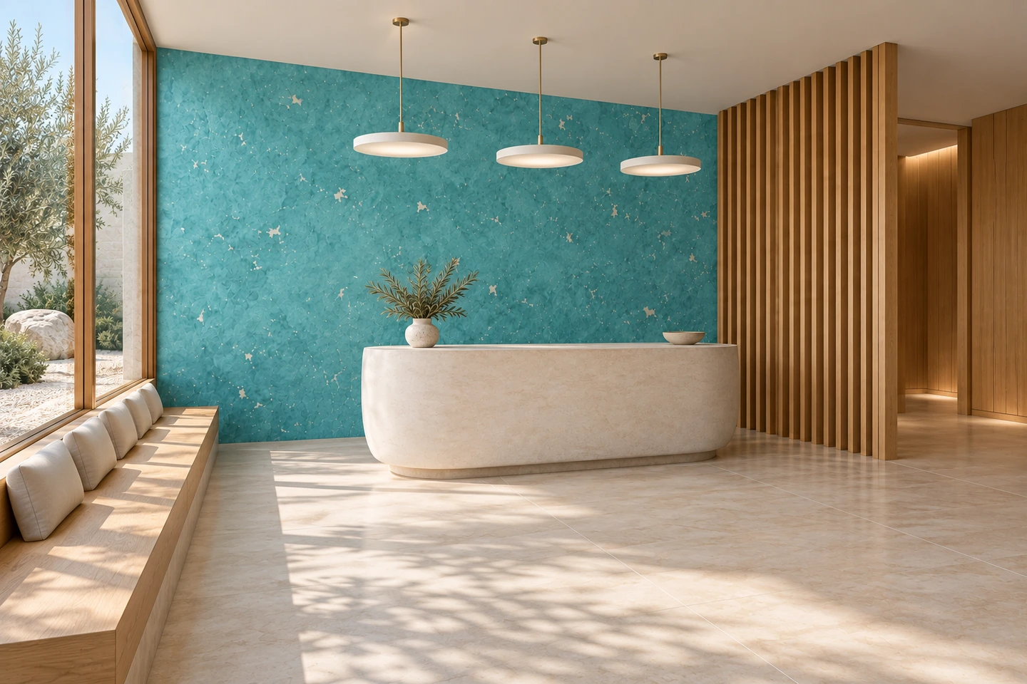 Hammam, accueil turquoise et claustra — autre angle.