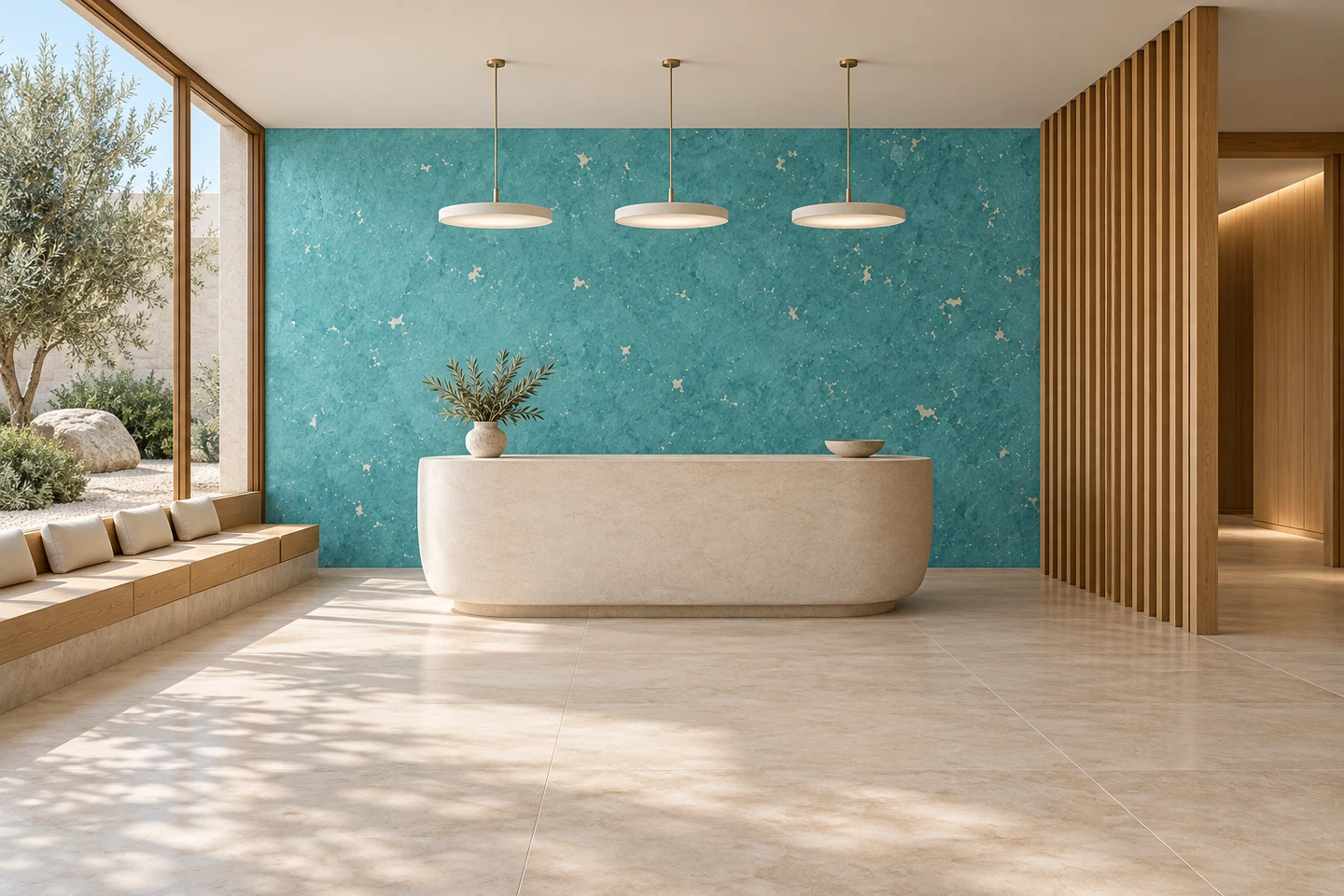 Accueil d'un espace bien-être : mur MOSAËLYS turquoise ponctué d'éclats nacrés derrière une banque claire